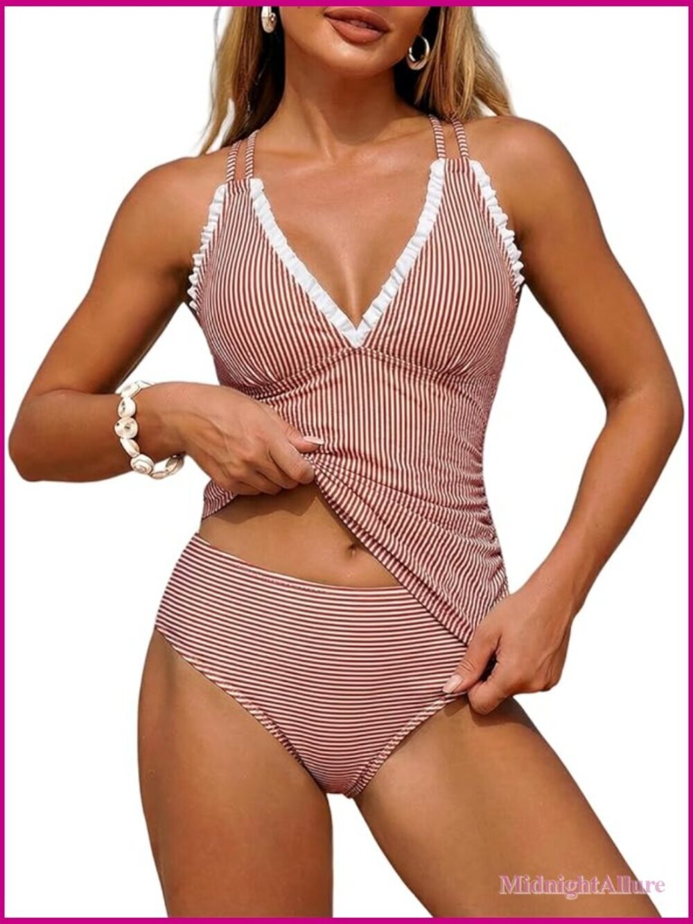 Tankini 2 Piece Smocked High Waisted Swimsuit Modest Tie Back Ruffled